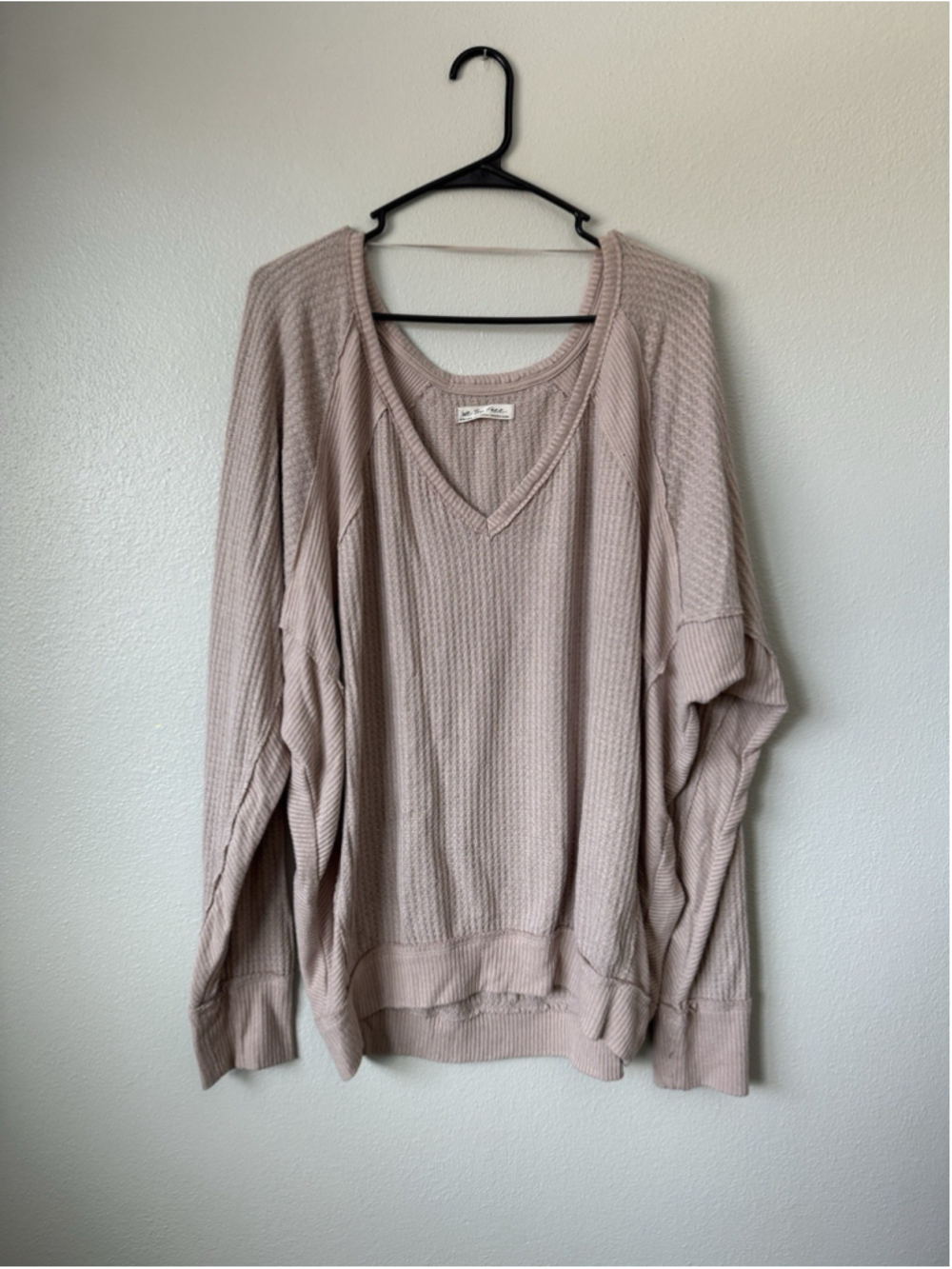 Free People Santa Clara Thermal Top Waffle Knit Light Pink Long Sleeve Size XL